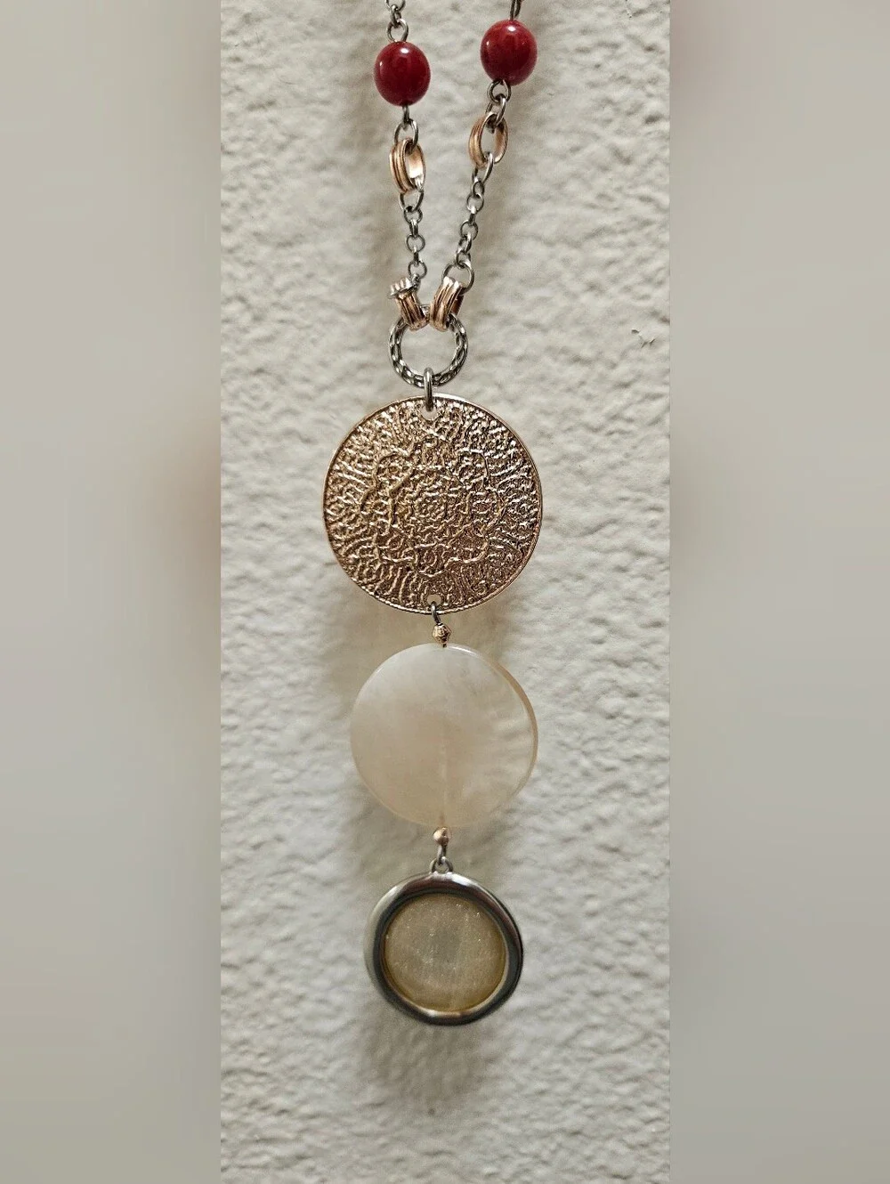 CHICO'S MEDALLION SILVER-TONE ROSE GOLD GLASS BEADS  BOHEMIAN LONG NECKLACE